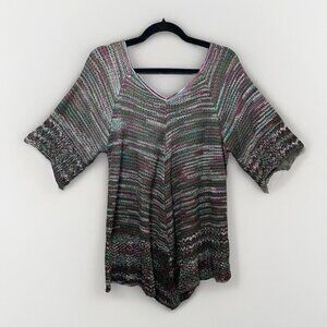99 Jane Street Top L Crochet V Neck‎ Short Sleeve Open Knit Boho Purple Green